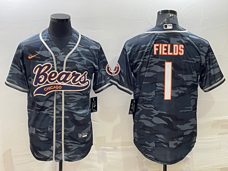 Men's Chicago Bears Blank #1 Justin Fields Grey Camo With Patch Cool Base Stitched Baseball Jersey