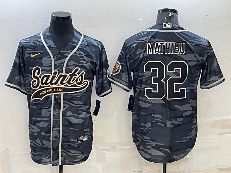 Men's New Orleans Saints #32 Tyrann Mathieu Grey Camo With Patch Cool Base Stitched Baseball Jersey