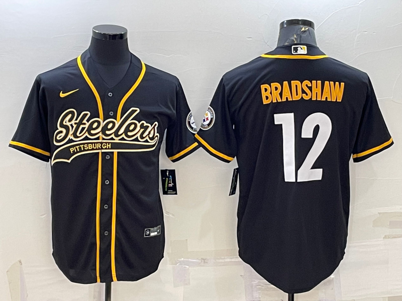 Men's Pittsburgh Steelers #12 Terry Bradshaw Black With Patch Cool Base Stitched Baseball Jersey