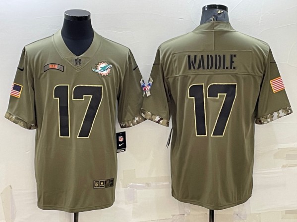 Men's Miami Dolphins #17 Jaylen Waddle 2022 Olive Salute To Service Limited Stitched Baseball Jersey