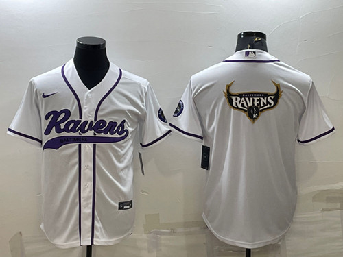 Men's Baltimore Ravens White Team Big Logo With Patch Cool Base Stitched Baseball Jersey