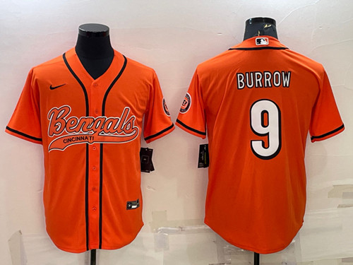 Men's Cincinnati Bengals #9 Joe Burrow Orange With Patch Cool Base Stitched Baseball Jersey