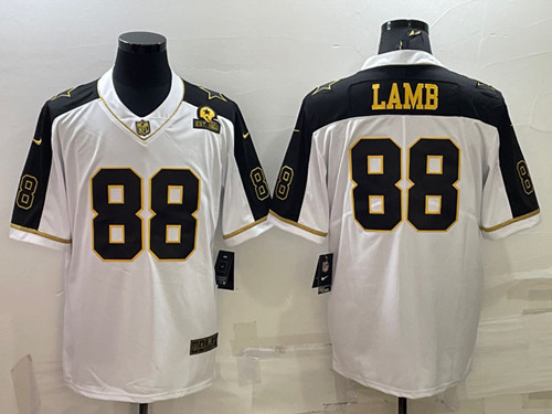 Men's Dallas Cowboys #88 CeeDee Lamb White Gold Edition With 1960 Patch Limited Stitched Football Jersey