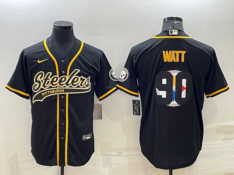 Men's Pittsburgh Steelers #90 TJ Watt Black Team Big Logo With Patch Cool Base Stitched Baseball Jersey