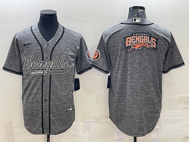 Men's Cincinnati Bengals Grey Gridiron Team Big Logo Cool Base Stitched Baseball Jersey