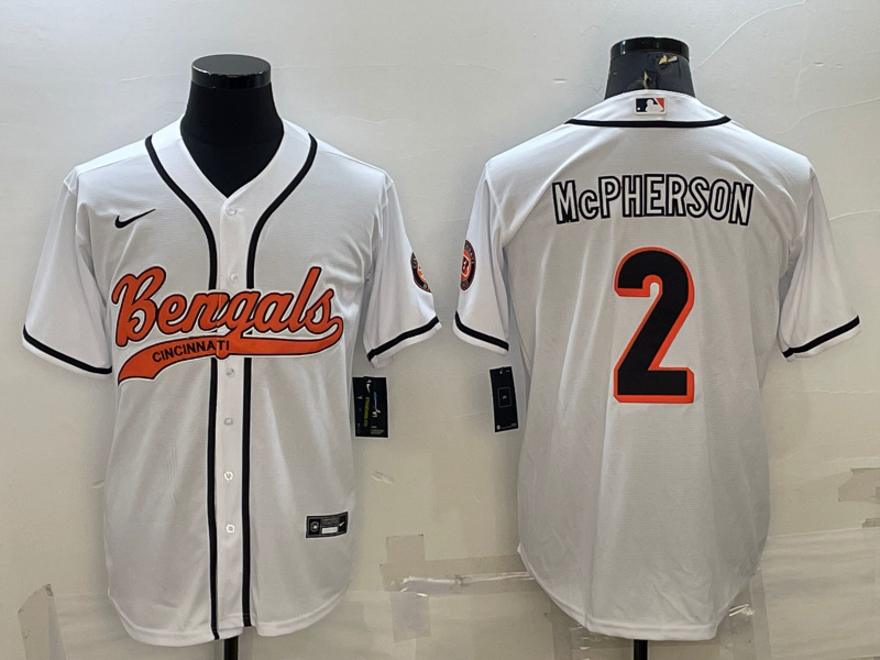 Men's Cincinnati Bengals #2 Evan McPherson White With Patch Cool Base Stitched Baseball Jersey