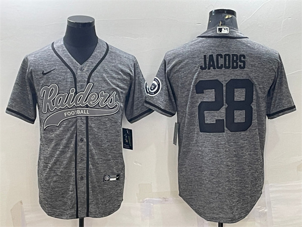 Men's Las Vegas Raiders #28 Josh Jacobs Gray With Patch Cool Base Stitched Baseball Jersey