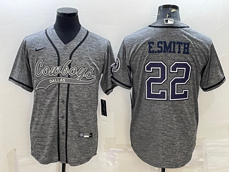 Men's Dallas Cowboys #22 Emmitt Smith Grey Gridiron With Patch Cool Base Stitched Baseball Jersey