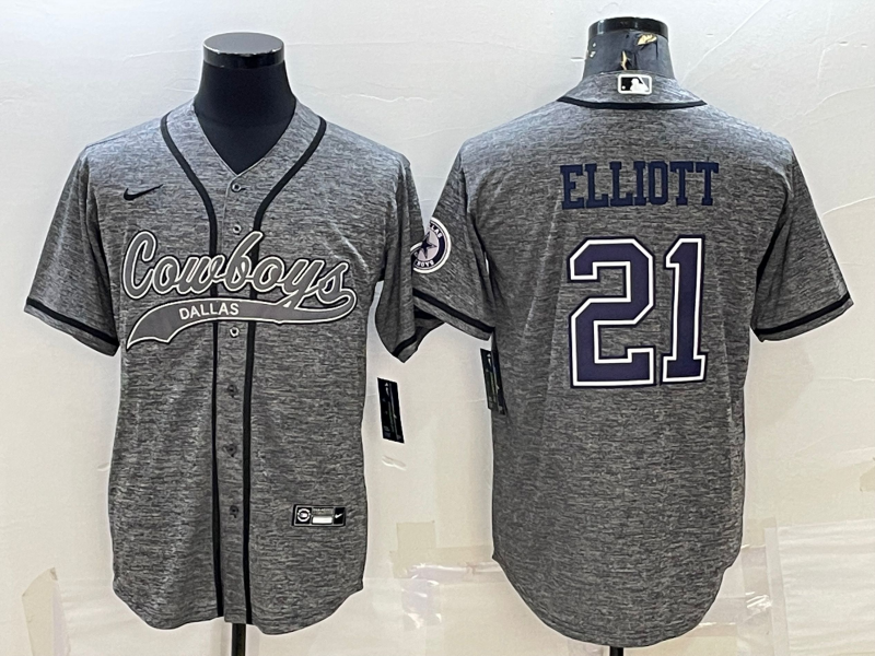 Men's Dallas Cowboys #21 Ezekiel Elliott Grey Gridiron With Patch Cool Base Stitched Baseball Jersey