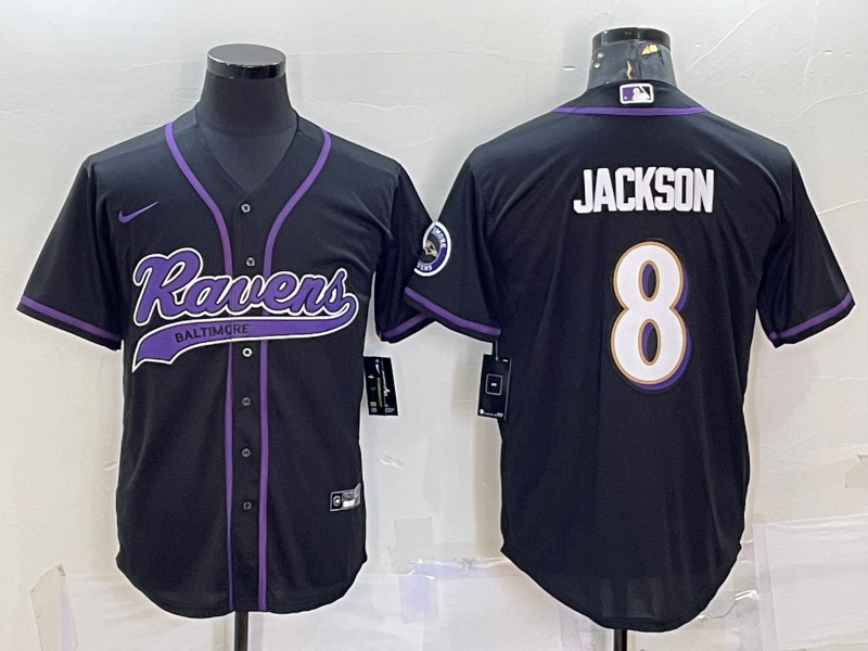 Men's Baltimore Ravens #8 Lamar Jackson Black With Patch Cool Base Stitched Baseball Jersey