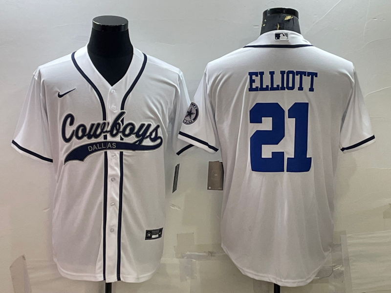 Men's Dallas Cowboys #21 Ezekiel Elliott White With Patch Cool Base Stitched Baseball Jersey