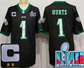 Men's Philadelphia Eagles #1 Jalen Hurts Limited Black C Patch Super Bowl LVII Vapor Jersey