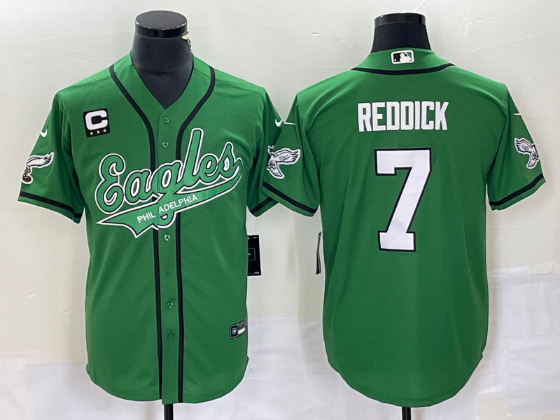 Men's Philadelphia Eagles #7 Haason Reddick Green C Patch Cool Base Stitched Baseball Jersey