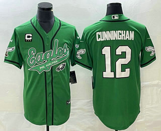 Men's Philadelphia Eagles #12 Randall Cunningham Green C Patch Cool Base Stitched Baseball Jersey