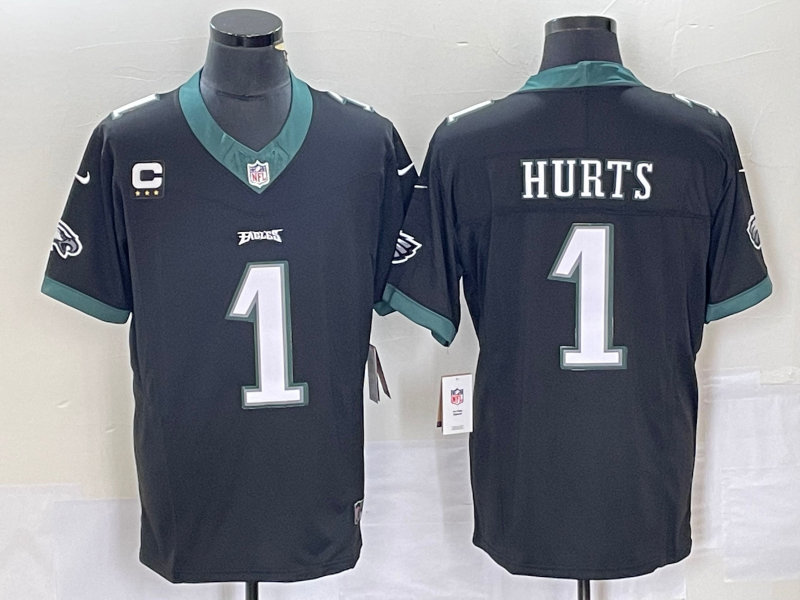 Men's Philadelphia Eagles #1 Jalen Hurts Black C Patch 2023 FUSE Vapor Untouchable Stitched Jersey