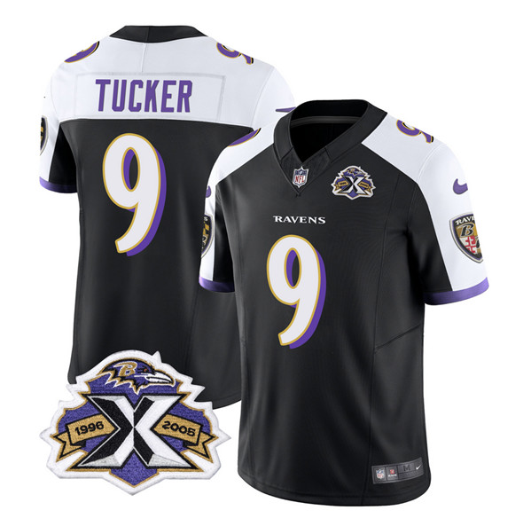 Men's Baltimore Ravens #9 Justin Tucker Black White 2023 F.U.S.E With Patch Throwback Vapor Limited Stitched Jersey