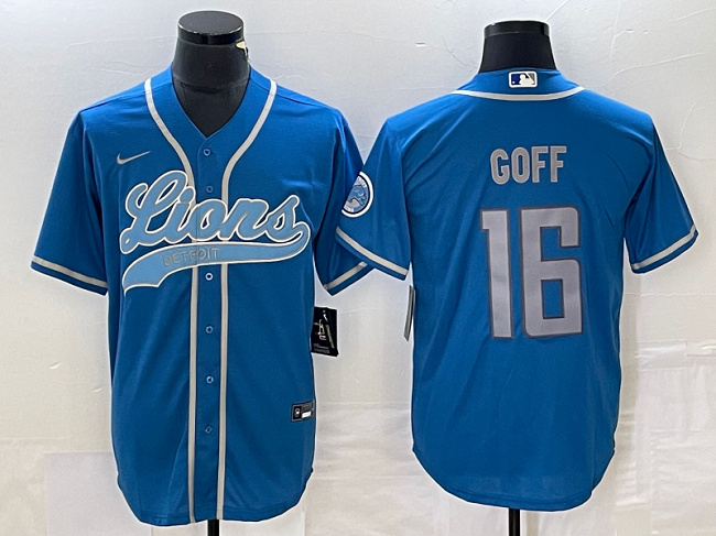 Men's Detroit Lions #16 Jared Goff Blue Cool Base Stitched Baseball Jersey