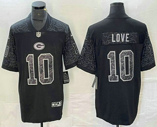 Men's Green Bay Packers #10 Jordan Love Black Reflective Limited Stitched Football Jersey