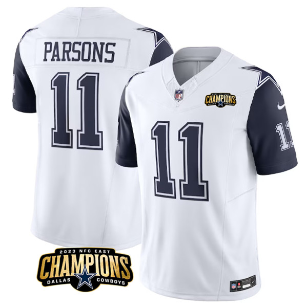 Men's Dallas Cowboys #11 Micah Parsons White Navy 2023 F.U.S.E. NFC East Champions Patch Football Stitched Jersey