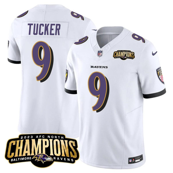 Men's Baltimore Ravens #9 Justin Tucker White 2023 F.U.S.E. AFC North Champions Vapor Limited Football Stitched Jersey