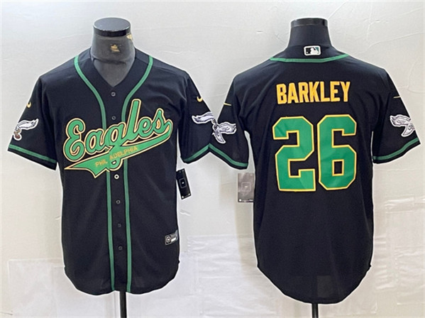 Men's Philadelphia Eagles #26 Saquon Barkley Black Gold Cool Base Baseball Stitched Jersey