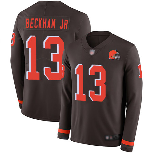 Men's Cleveland Browns #13 Odell Beckham Jr Brown Team Color Stitched Football Limited Therma Long Sleeve Jersey