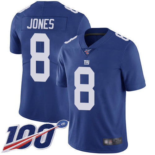 Giants #8 Daniel Jones Royal Blue Team Color Men's Stitched Football 100th Season Vapor Limited Jersey