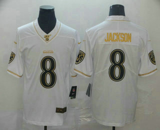 Men's Baltimore Ravens #8 Lamar Jackson White 100th Season Golden Edition Jersey