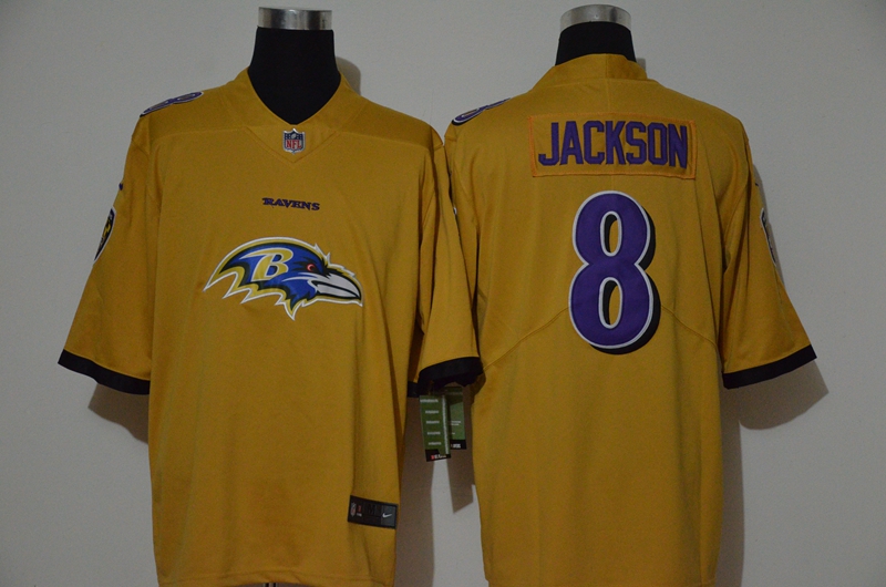 Men's Baltimore Ravens #8 Lamar Jackson Gold 2020 Big Logo Vapor Untouchable Stitched NFL Nike Fashion Limited Jersey