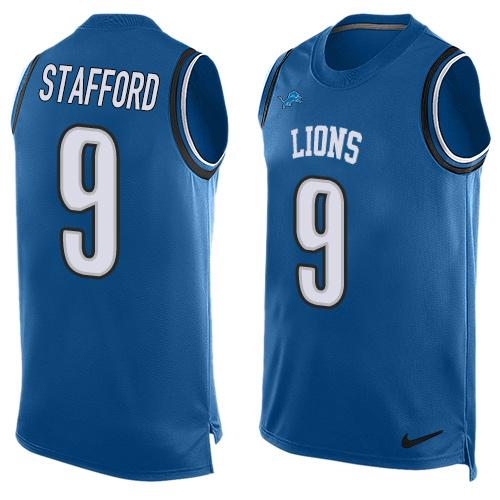 Men's Detroit Lions #9 Matthew Stafford Light Blue Hot Pressing Player Name & Number Nike NFL Tank Top Jersey