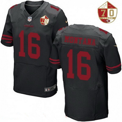 Men's San Francisco 49ers #16 Joe Montana Black Color Rush 70th Anniversary Patch Stitched NFL Nike Elite Jersey