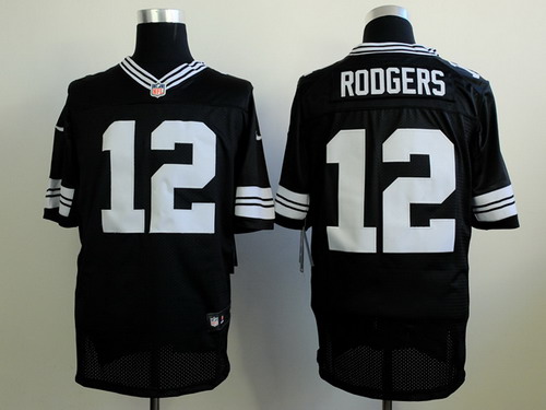 Nike Green Bay Packers #12 Aaron Rodgers Black With White Elite Jersey