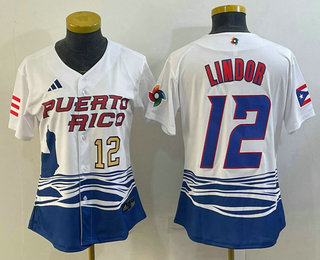 Womens Puerto Rico Baseball #12 Francisco Lindor Number 2023 White World Classic Stitched Jersey