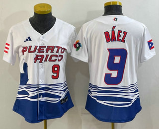 Women's Puerto Rico Baseball #9 Javier Baez Number White 2023 World Baseball Classic Stitched Jersey