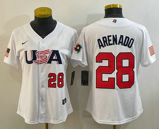 Womens USA Baseball #28 Nolan Arenado Number 2023 White World Classic Replica Stitched Jersey