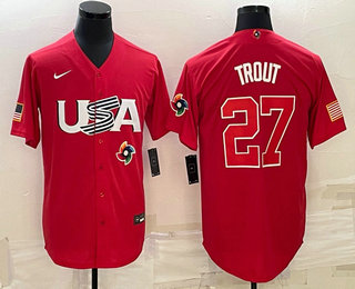 Men's USA Baseball #27 Mike Trout 2023 Red World Classic Stitched Jerseys