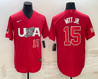 Men's USA Baseball #15 Bobby Witt Jr Number 2023 Red World Baseball Classic Stitched Jersey1