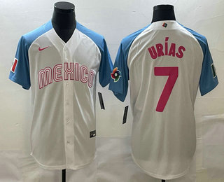 Men's Mexico Baseball #7 Julio Urias 2023 White Blue World Classic Stitched Jerseys