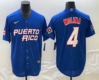 Men's Puerto Rico Baseball #4 Yadier Molina 2023 Blue World Baseball Classic Stitched Jerseys