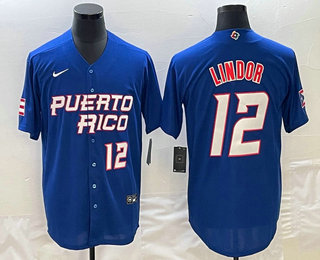 Men's Puerto Rico Baseball #12 Francisco Lindor Number 2023 Royal World Classic Stitched Jersey