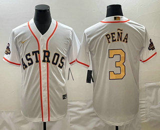 Men's Houston Astros #3 Jeremy Pena 2023 White Gold World Serise Champions Patch Cool Base Stitched Jersey