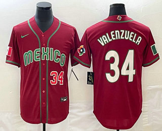 Men's Mexico Baseball #34 Fernando Valenzuela Number 2023 Red Blue World Baseball Classic Stitched Jersey1