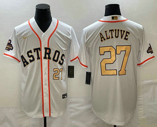 Men's Houston Astros #27 Jose Altuve Number 2023 White Gold World Serise Champions Patch Cool Base Stitched Jerseys