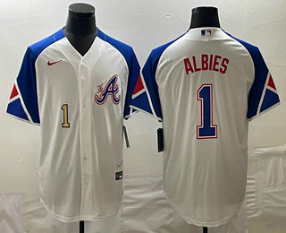 Mens Atlanta Braves #1 Ozzie Albies Number White 2023 City Connect Cool Base Stitched Jersey