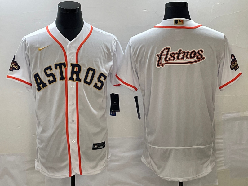 Men's Houston Astros Big Logo 2023 White Gold World Serise Champions Patch Flex Base Stitched Jersey1