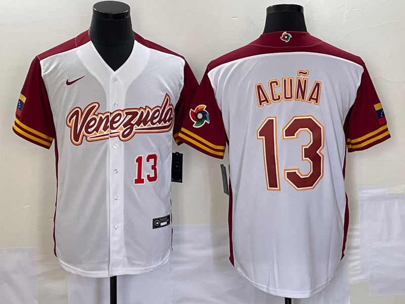 Men's Venezuela Baseball #13 Ronald Acuna Jr Number 2023 White Red World Classic Stitched Jersey