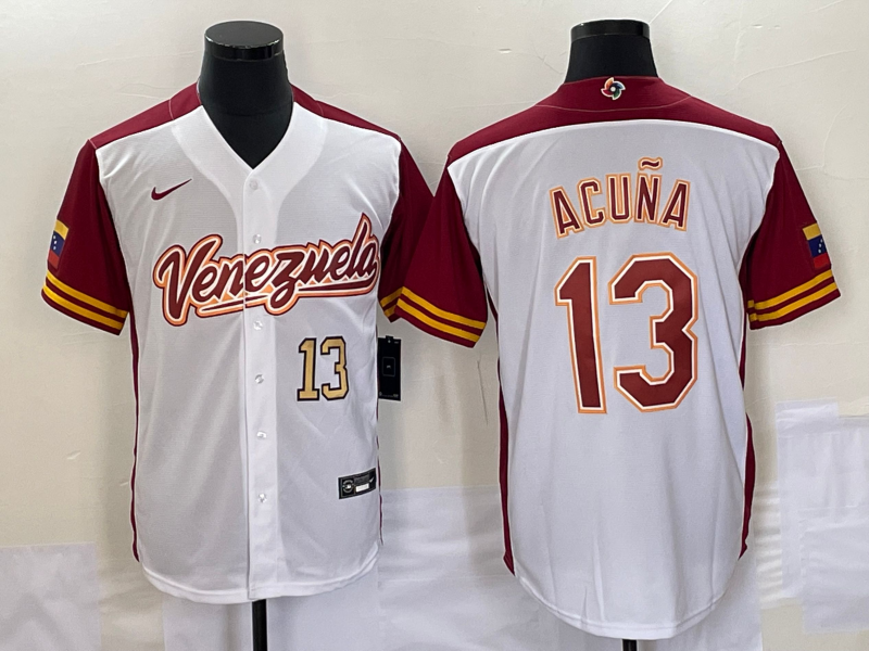 Men's Venezuela Baseball #13 Ronald Acuna Jr Number 2023 White Red World Classic Stitched Jerseys