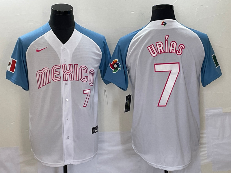 Men's Mexico Baseball #7 Julio Urias Number 2023 White Blue World Classic Stitched Jersey