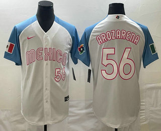 Men's Mexico Baseball #56 Randy Arozarena Number 2023 White Blue World Classic Stitched Jersey1