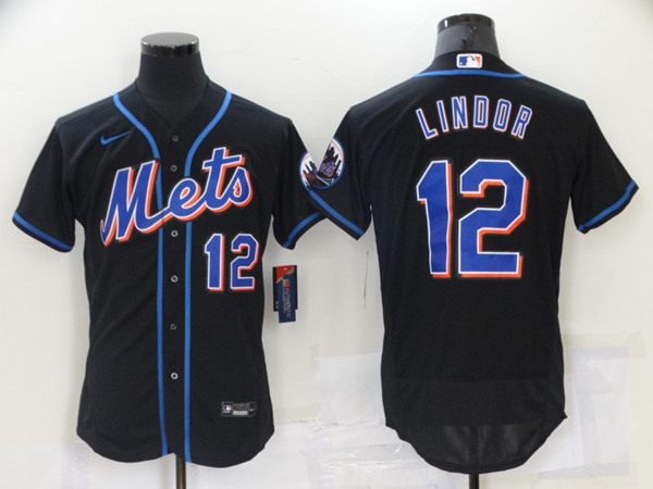 Men's New York Mets #12 Francisco Lindor Black Flex Base Stitched Jersey